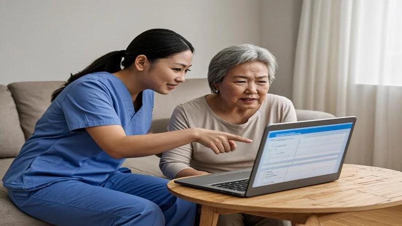 Caregiver checking laptop for unemployment application while caring for family member
