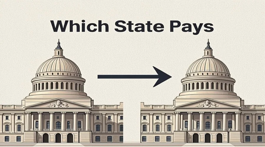 Two state buildings connected by arrow showing benefit payment transfer