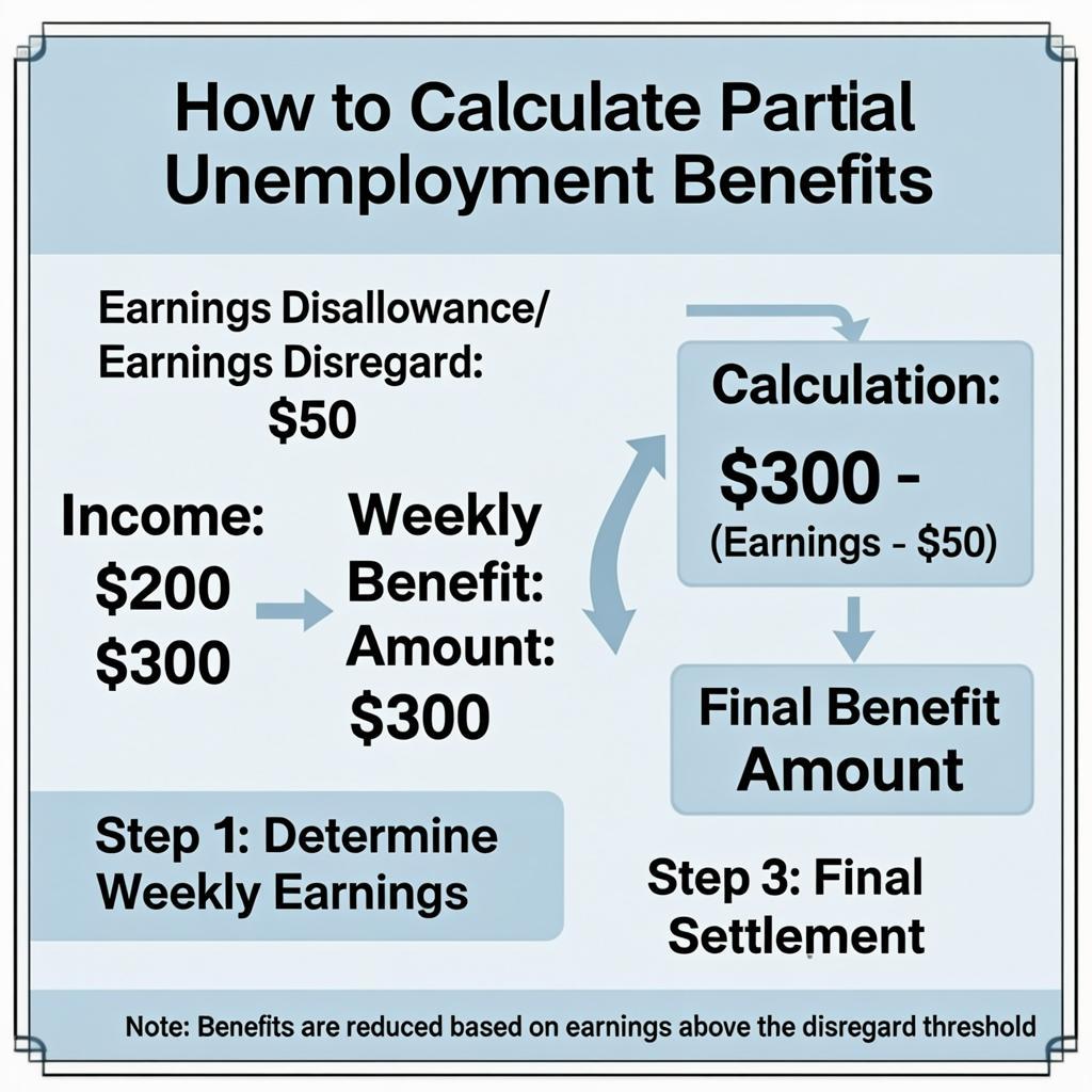 Step-by-step partial unemployment benefit calculation with earnings disregard