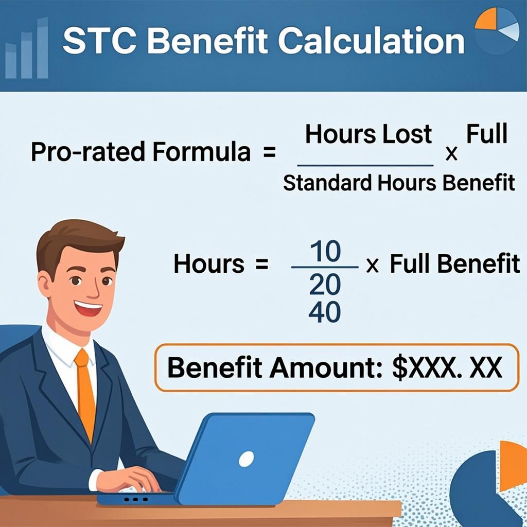 Step-by-step calculation example showing how Short-Time Compensation benefits are prorated from the weekly benefit amount