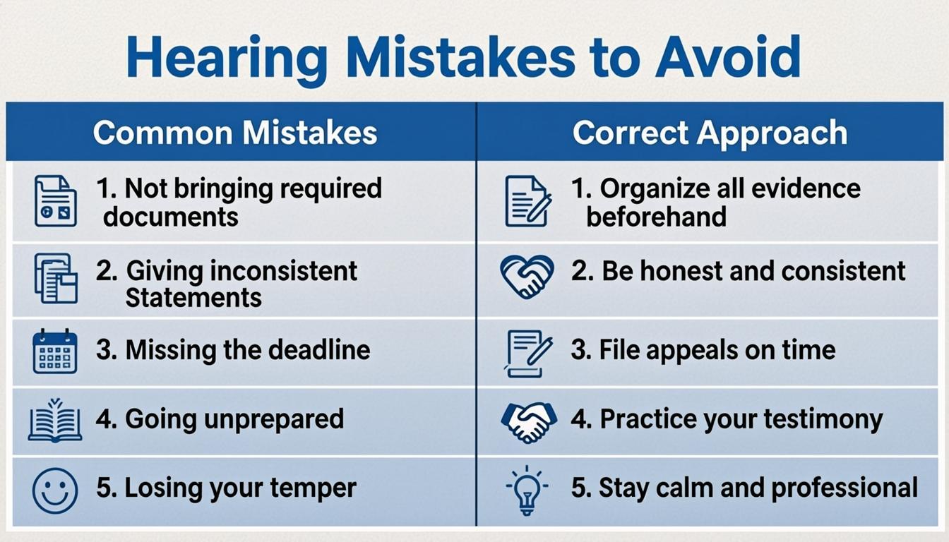 Common mistakes to avoid at unemployment hearing with checkmarks and warning signs