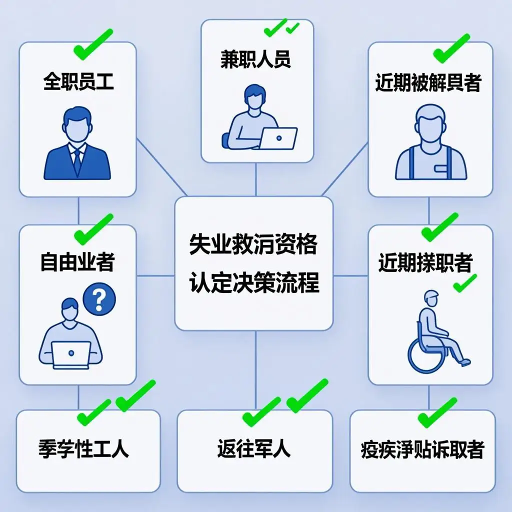 Unemployment eligibility categories infographic showing different worker types and their qualification status